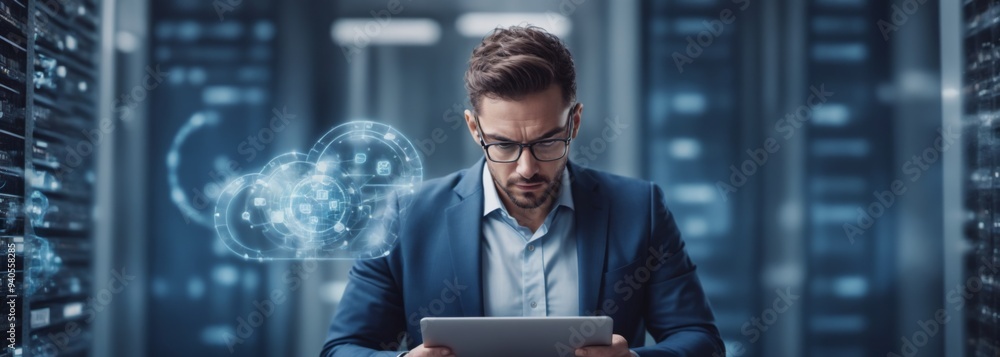 Aufkleber Man in suit using tablet in server room with cloud computing ico