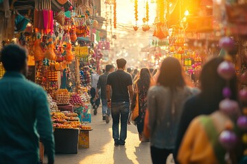 Bustling Indian market street with vibrant festive decorations