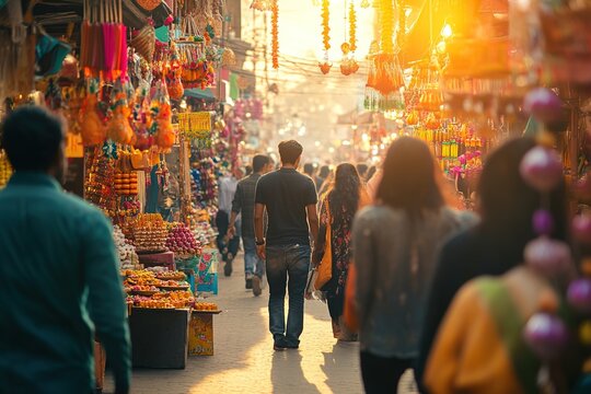 Bustling Indian market street with vibrant festive decorations