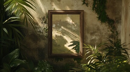 Framed Mirror Against a Weathered Wall with Lush Greenery