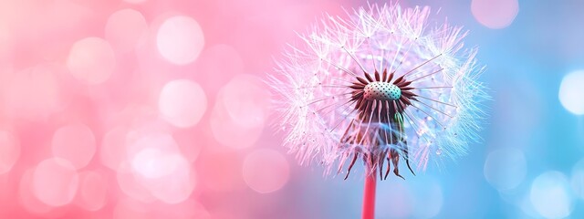 Obraz premium A dandelion in focus against a pastel backdrop of pink and blue, soft-lit with blurred surrounding lights