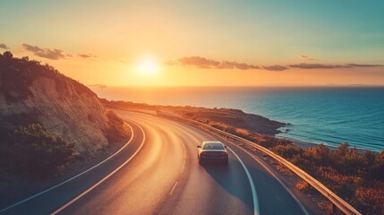 Car driving on abeautiful road in colorful sunset landscape in summer. Nature scenery on coastline highway. summer vacation journey on road at the beach. Car driving on highway.