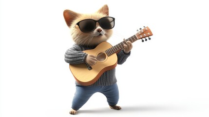 A cute cat wearing sunglasses and a sweater plays a guitar, symbolizing musical talent, fun, and carefree joy.