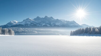 Obraz premium Snowy Mountain Range Reflected in a Frozen Lake Under a Bright Sun