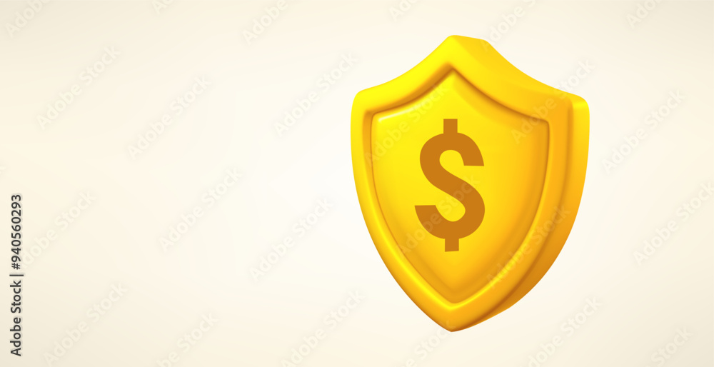 Aufkleber yellow shield with dollar sign isolated on white background. 3d vector banner with copy space