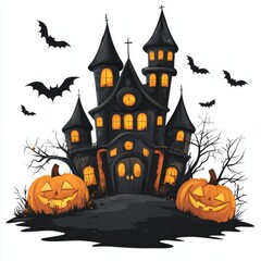 Fototapeta premium A spooky Halloween haunted house with glowing windows, bats flying around, and two jack-o'-lanterns in the foreground.