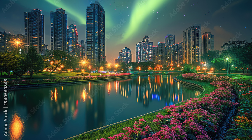Aufkleber the colorful aurora over the modern buildings of the city skyline could be seen at night. figured wi