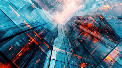 Futuristic vibrancy: abstract architectural scene with geometric shapes and angles, captured at dusk with a macro lens, emitting a mysterious aura of dynamic city lights