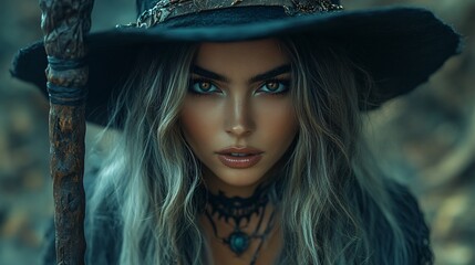 A beautifully styled witch in gothic attire with a staff, perfect for Halloween themes in marketing and event design, with copy space.