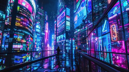 Future city landscape: neon lights and glowing holographic ads create a cyberpunk vibe, captured with a wide-angle lens and cool tones for a mysterious atmosphere