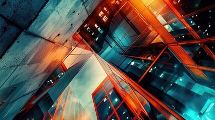 Futuristic vibrancy: abstract architectural scene with geometric shapes and angles, captured at dusk with a macro lens, emitting a mysterious aura of dynamic city lights