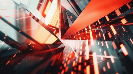 Futuristic vibrancy: abstract architectural scene with geometric shapes and angles, captured at dusk with a macro lens, emitting a mysterious aura of dynamic city lights