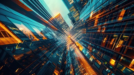 Futuristic vibrancy: abstract architectural scene with geometric shapes and angles, captured at dusk with a macro lens, emitting a mysterious aura of dynamic city lights