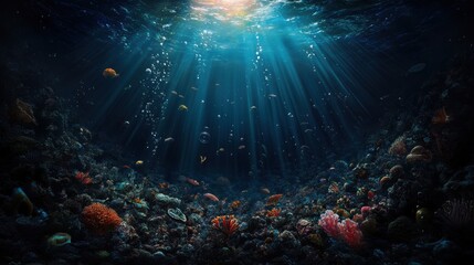 Fototapeta premium A surreal depiction of the biomass network, featuring plankton at the center of the food chain, set against a deep-sea backdrop.