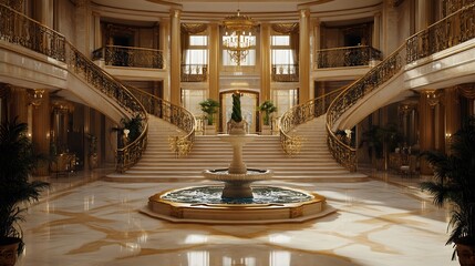 Obraz premium Grand Interior with Double Staircase, Fountain, and Gold Accents