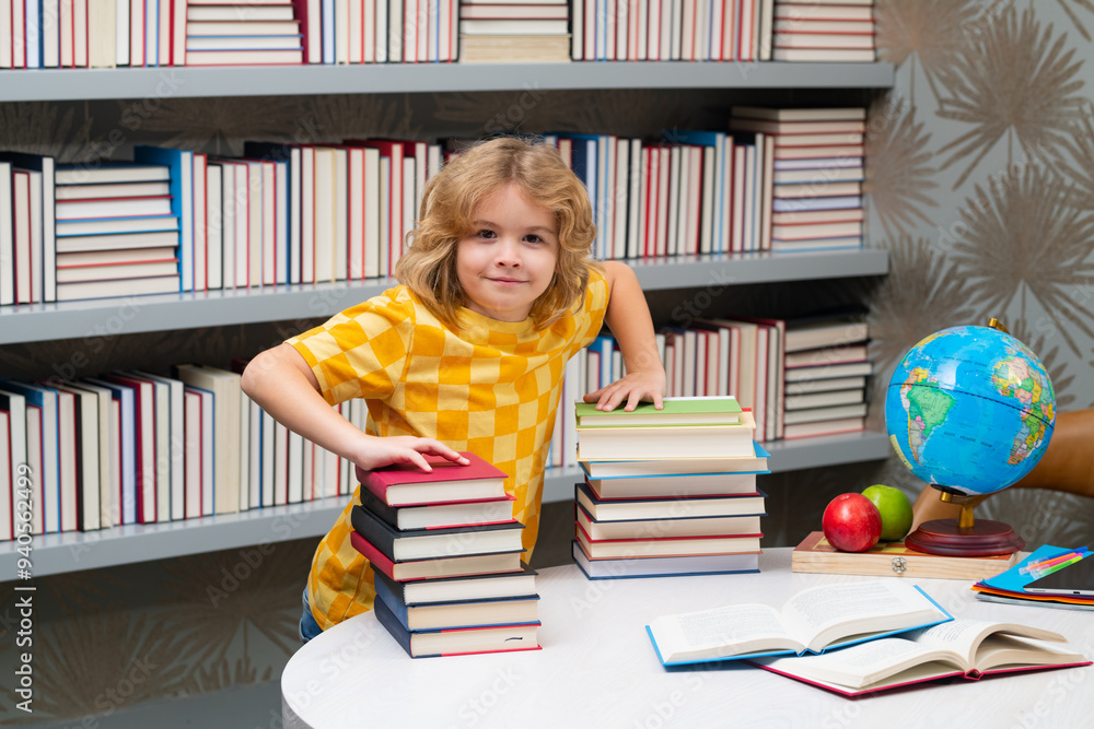 Aufkleber Knowledge day. Child at school. Schoolboy reading book in library. Kids development. Pupil learn to read. Child from elementary school read books in a book store.