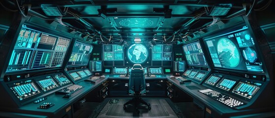 Retrofuturistic space station control room, consoles displaying grainy teal and blue data visualizations.