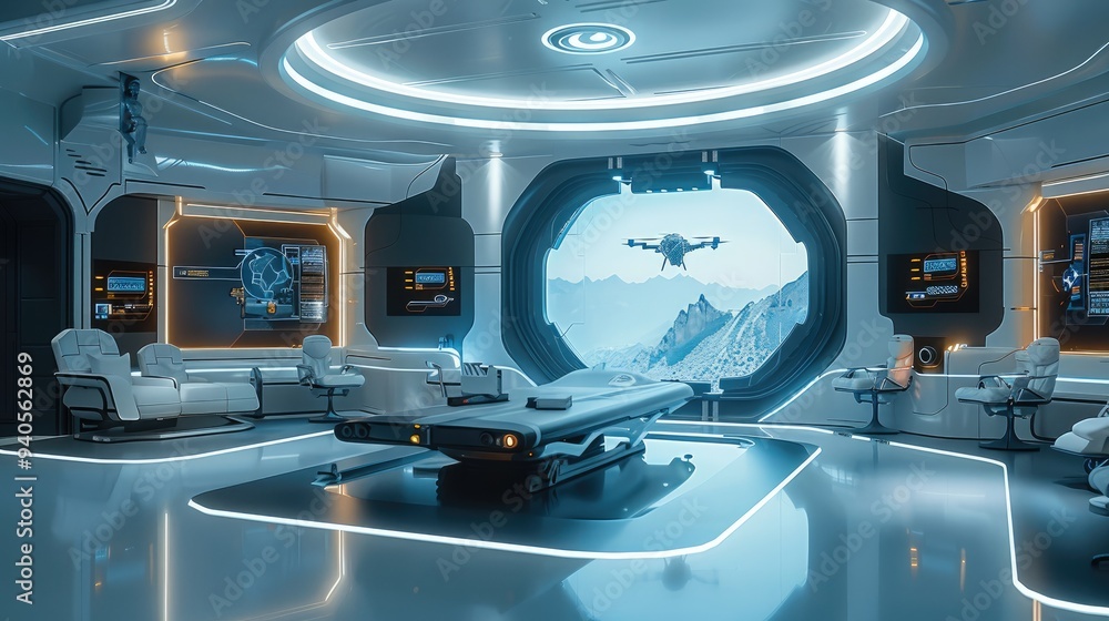 Poster a futuristic ai-powered emergency response center coordinating rescue operations with drones and rob