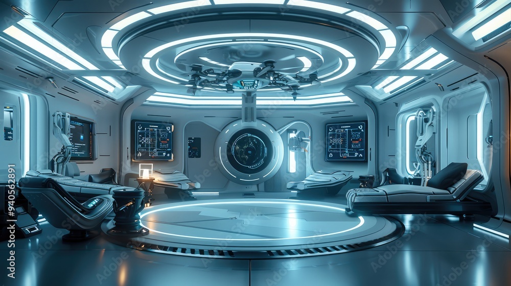 Aufkleber A futuristic AI-powered emergency response center coordinating rescue operations with drones and robots. Generative AI.
