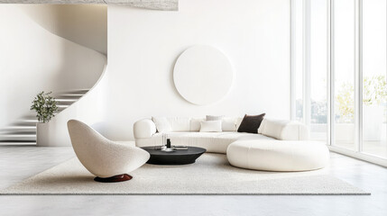 Modern minimalist living room area in clean tones with elegant designer furniture and textured elements. Residential luxury interiors.