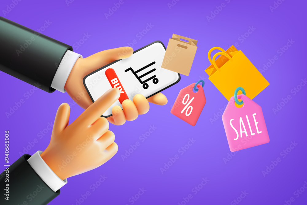 Poster Man do shopping via internet with smartphone. 3d vector illustration