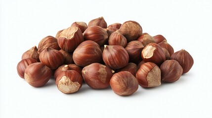 Fototapeta premium A heap of fresh unshelled hazelnuts isolated on a clean white background, showcasing their natural brown texture.