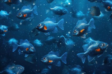 Fototapeta premium Digital artwork depicting a school of fish feeding on plankton, emphasizing the critical role of biomass in the food chain.