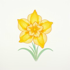 Obraz premium A vibrant yellow flower with detailed petals and green leaves against a plain white background, perfect for spring-themed projects, botanical illustrations, greeting cards, and craft designs,