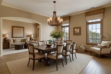 Elegant Beige Living Room with Dining Area and Cozy Wooden Relaxation Space