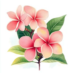 Obraz premium Illustrated pink plumeria flowers with green leaves, ideal for home decor, greeting cards, nature-themed designs, and botanical artworks