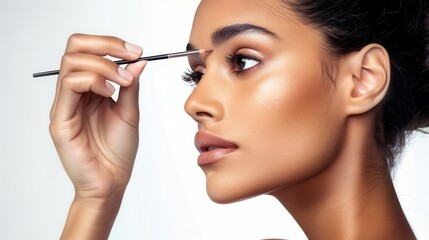 Fototapeta premium Close-up of a woman applying makeup to her eyebrows with a brush, highlighting her well-defined features and smooth skin.