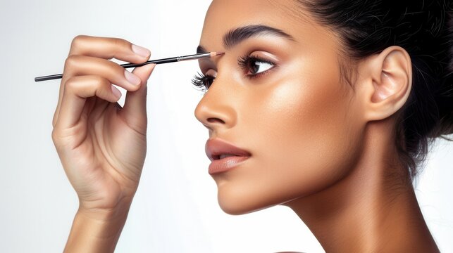 Close-up of a woman applying makeup to her eyebrows with a brush, highlighting her well-defined features and smooth skin.