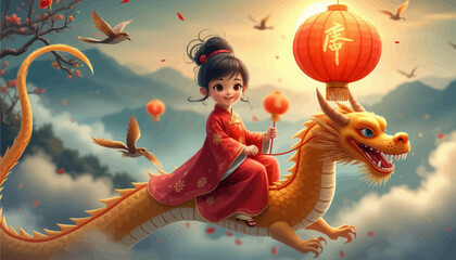 Naklejka premium Asian girl riding a dragon with a lantern, set against a backdrop of a mountainous landscape and birds