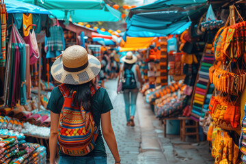 Obraz premium Person wearing woven hat and colorful backpack walking through lively outdoor market with vibrant textiles and other goods on display. Tiled path and bustling atmosphere evident