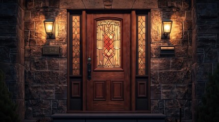 A front view brown wooden entrance door of a private house, mansion. Entrance door ideas