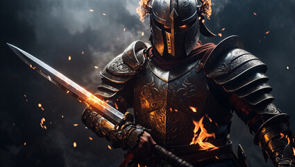 A knight in shining armor with a flaming sword, standing in a dark and stormy environment.

