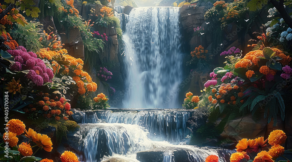 Poster a cascading waterfall, with colorful flowers and lush greenery framing the scene, evoking a sense of