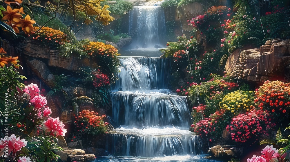 Poster a cascading waterfall, with colorful flowers and lush greenery framing the scene, evoking a sense of