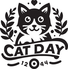 A cat silhouette vector art illustration and cat day logo
