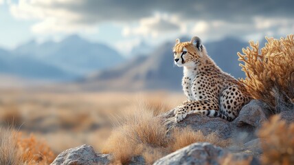 Obraz premium Cheetah exploring a desert landscape with unique cacti and hidden oases, contrasting with its usual habitat.