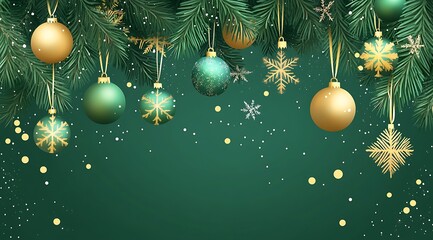 Christmas themed green background with Christmas ornaments and garland