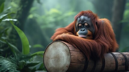 Obraz premium Orangutan with wings soaring through a rainbow over a lush jungle, blending fantasy and strength in a colorful scene.