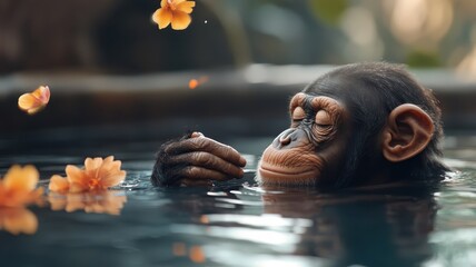 A chimpanzee relaxing in a luxurious spa, surrounded by exotic flowers.