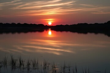 Obraz premium Serene Sunset Reflections on Calm Water with Glowing Light Effects