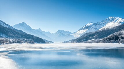 A Frozen Lake Nestled Between Snow-Capped Mountains