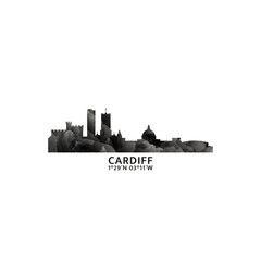 Cardiff panorama, vector badge, skyline logo and icon. UK, Wales city horizon logotype with landmarks and building silhouettes. Isolated foggy abstract gradient graphic