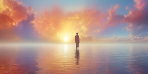 Tranquil scene of person surrounded by vibrant sunset hues refle