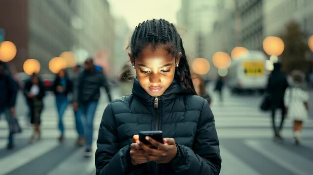 Teenage girl with a smartphone in the middle of the street. Children's addiction to smartphones and the Internet. Engaged online, she misses the beauty of her surroundings.