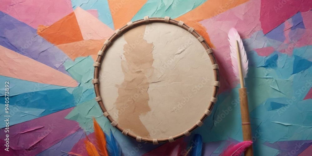 Poster dynamic composition featuring a large drum with a feather on top