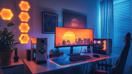 Gaming room, computer on the table, colorful beehive lights on the wall. Generative AI.